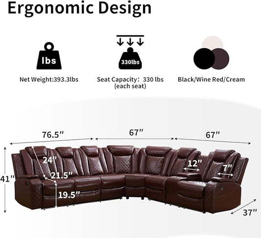 Power Recliner Sofa Sectional Couches with LED Light,Leather Reclining Corner Sectional Sofa with 2 Recliner Seats,Cup Holder,Storage Console for Living Room，Wine
