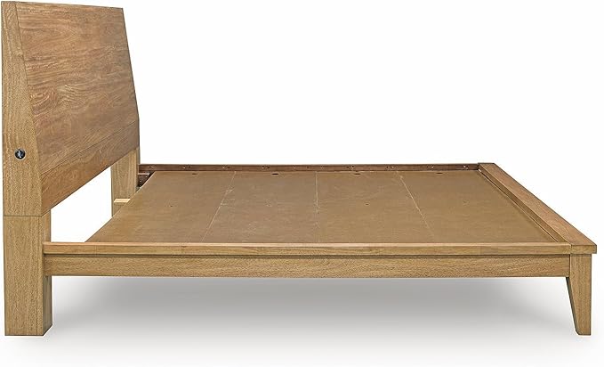 Signature Design by Ashley Sherbana Scandinavian Queen Panel Platform Bed with Bunkie Board and USB Charging Ports, Foundation or Box Spring Not Needed, Light Brown