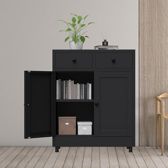 Metal Storage Cabinet with 2 Drawers and Adjustable Shelf, Sideboard Buffet Cabinet for Home, Office, Hallway, Entryway, Living Room, Kitchen Pantry and Dining Room (Black)