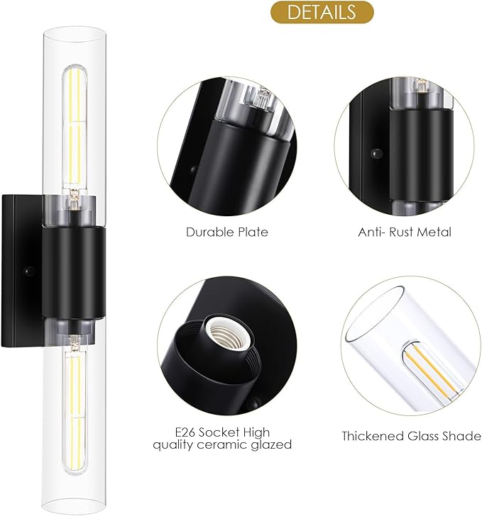 21" Matte Black Bathroom Light Fixtures Over Mirror,2-Light Bathroom Vanity Lights Above Mirror,Modern Hardwired Wall Sconce Lighting for Powder Room Restroom Hallway Kitchen E26 T10 Bulbs(Excluded)