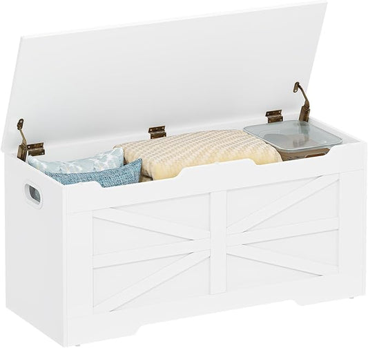 39.4" Storage Chest, Extra Large Storage Trunk with 2 Hinges, Wooden Box Bench, Lift-Top Organizer Chest, Shoe Bench for Entryway, Bedroom, Living Room, White SB03403X