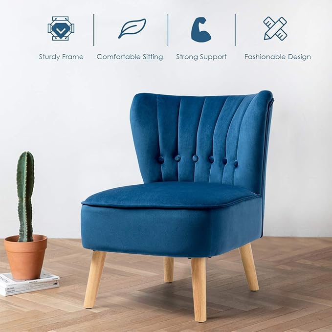 Giantex Set of 2 Modern Velvet Accent Chair, Small Upholstered Leisure Sofa Chair w/Wood Legs, Thickly Padded and Button Tufted, Armless Wingback Club Chairs for Living Room Bedroom Furniture, Blue