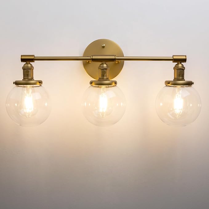 PERMO Bathroom Vanity Light Vintage 3 Light Wall Sconces with 5.9" Round Clear Glass Globe Shade (Antique Gold)