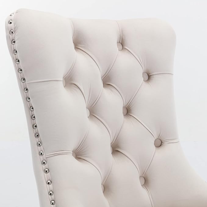 Solid Wood Dining Chair with Nailhead Trim,Velvet Upholstered W/Chrome Stainless Steel Plating Legs,Set of 2,for Living Room,Apartemnt,Beige and Chrome