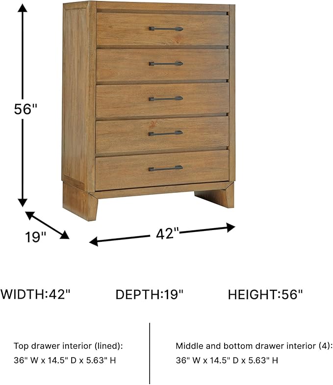 Signature Design by Ashley Sherbana Casual 5-Drawer Chest of Drawers with Safety Stop and Felt-Lined Top Drawer, Light Brown