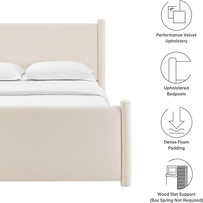 Modway Rael King Platform Bed Frame with Upholstered Headboard and Footboard in Alabaster – Stain-Resistant Performance Velvet King Size Bed with Rounded Posts