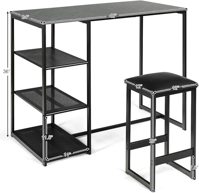 COSTWAY 3-Piece Dining Set, Compact 2 Chairs and Table Set, Kitchen Set with Rectangular Faux Marble, 3 Metal Storage Shelves, Fashionable Simple Style, Kitchen Counter Height Table Set (Black)