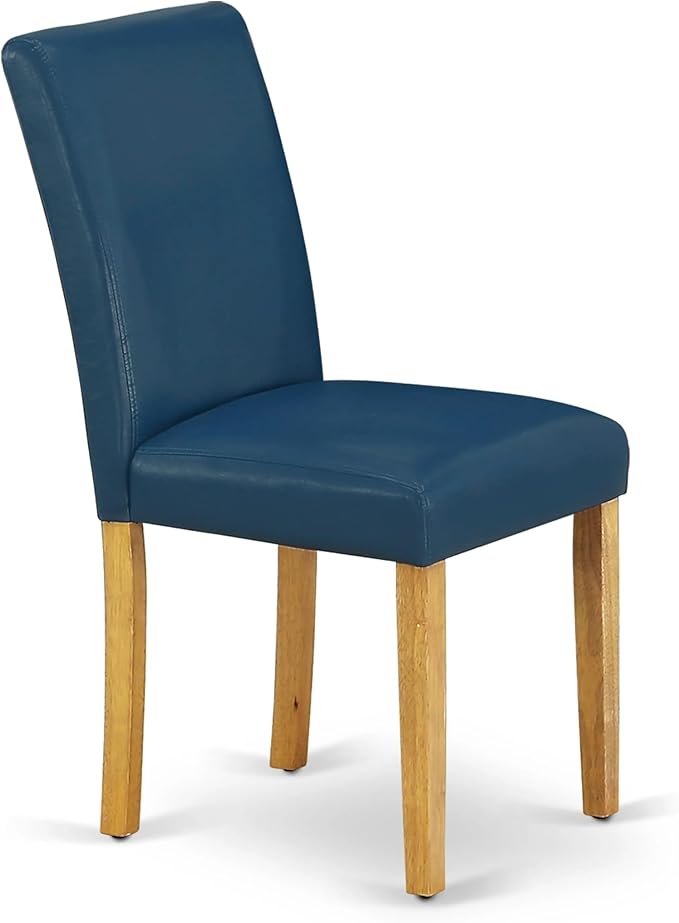 East West Furniture ANAB3-OAK-55 3 Piece Kitchen Table & Chairs Set Contains a Round Dining Room Table with Pedestal and 2 Oasis Blue Faux Leather Parsons Chairs, 36x36 Inch, Oak