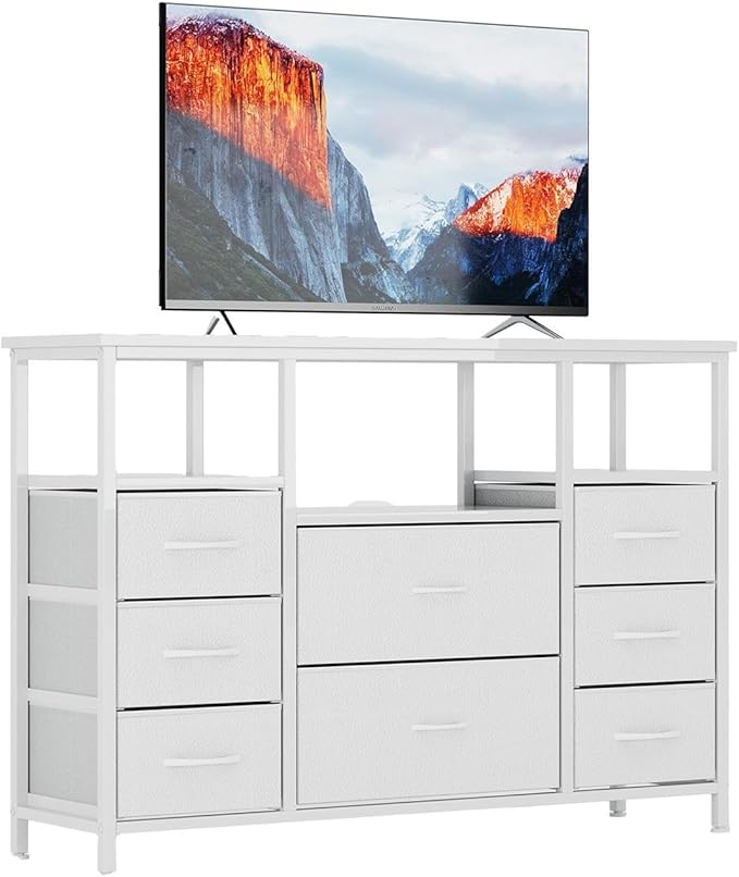 8-Drawer Fabric Dresser TV Stand - Sturdy Steel Frame & Wood Top Chest of Drawers, Lightweight Storage Organizer for Bedroom, Closet, Entryway (White)