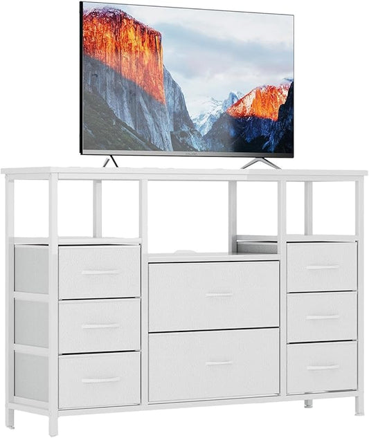 8-Drawer Fabric Dresser TV Stand - Sturdy Steel Frame & Wood Top Chest of Drawers, Lightweight Storage Organizer for Bedroom, Closet, Entryway (White)