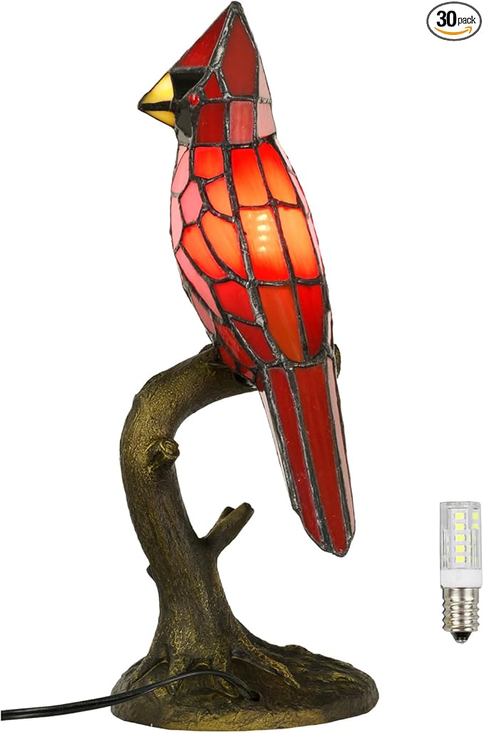 A0011 Cardinal Tiffany Style Table Lamp Handmade Stained Glass Red Bird Lamp in Height 14.5" Overall for Bedside Livingroom Bedroom Home Decoration (Red Cardinal)