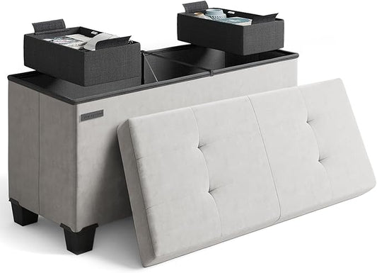 Storage Ottoman Bench with Bins, 30-in Storage Bench for Bedroom End of Bed, Folding Foot Rest Ottoman for Living Room Max 660lbs, Velvet Ottomans, Light Grey