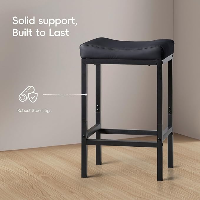 Counter Height Bar Stools Set of 2, 30 Inch Bar Stools for Kitchen Counter, Faux Leather Bar Stool, Saddle Barstool with Footrest & Heavy-Duty Metal Base, Easy Assembly, Black