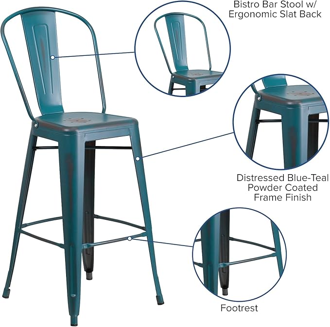 Flash Furniture Blake Commercial Grade 4 Pack 30" High Distressed Kelly Blue-Teal Metal Indoor-Outdoor Barstool with Back