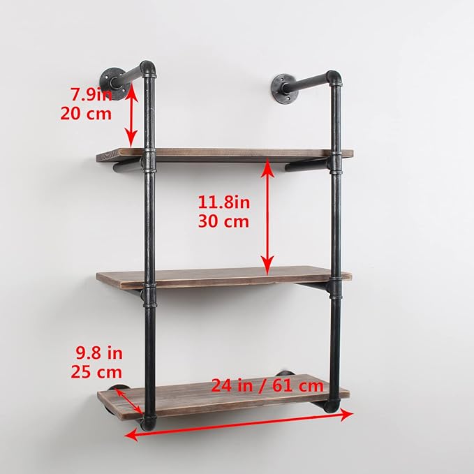 MBQQ Industrial Pipe Shelving Wall Mounted,24in Rustic Metal Floating Shelves,Steampunk Real Wood Book Shelves,Wall Shelf Unit Bookshelf Hanging Wall Shelves,Farmhouse Kitchen Bar Shelving(3 Tier)