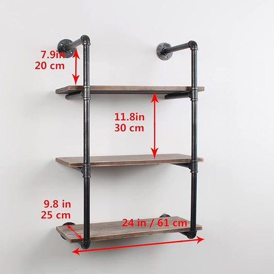 MBQQ Industrial Pipe Shelving Wall Mounted,24in Rustic Metal Floating Shelves,Steampunk Real Wood Book Shelves,Wall Shelf Unit Bookshelf Hanging Wall Shelves,Farmhouse Kitchen Bar Shelving(3 Tier)