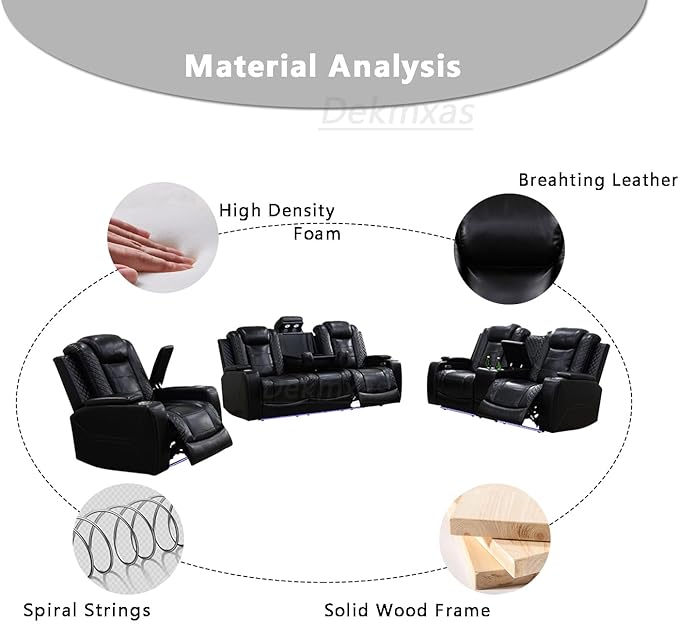 Power Recliner Sofa Couch, Living Room Furniture Sets, Black Breathing Leather Power Reclining Chair with USB Port/Recliner Seat/Storage Armrest/Cup Holder/LED for Living Room