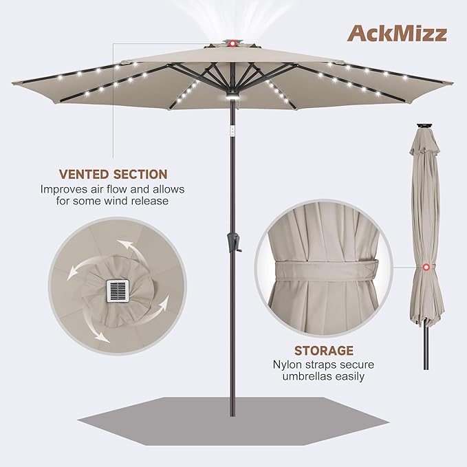 10FT Solar Umbrella Outdoor - Lighted Solar Patio Umbrella with 40 LED Lights Waterprool UV Protection, Table Umbrella with Tilt for Pool, Porch, Garden, Deck, Backyard (Taupe)