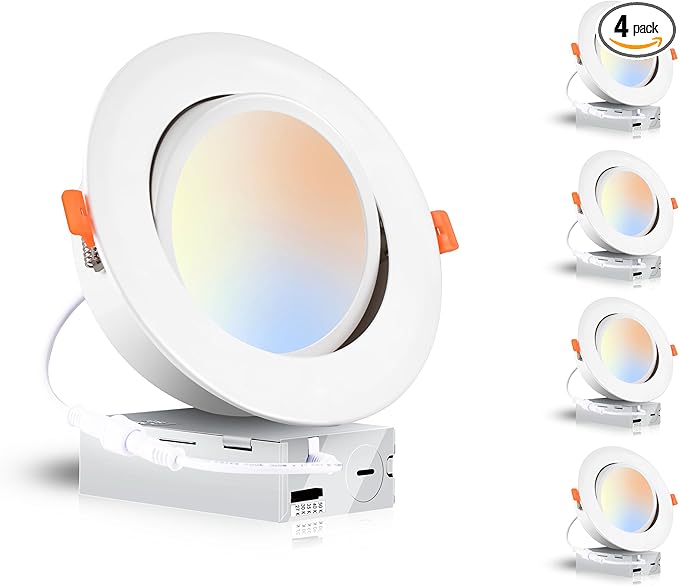 CLOUDY BAY 15W 6 inch 5 Color Swivel LED Gimbal Recessed Light with Junction Box, IC Rated Air Tight Flicker Free,120V CRI90+, 2700K/3000K/3500K/4000K/5000K Temperature Selectable,White, Pack of 4