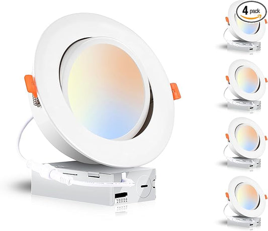 CLOUDY BAY 15W 6 inch 5 Color Swivel LED Gimbal Recessed Light with Junction Box, IC Rated Air Tight Flicker Free,120V CRI90+, 2700K/3000K/3500K/4000K/5000K Temperature Selectable,White, Pack of 4