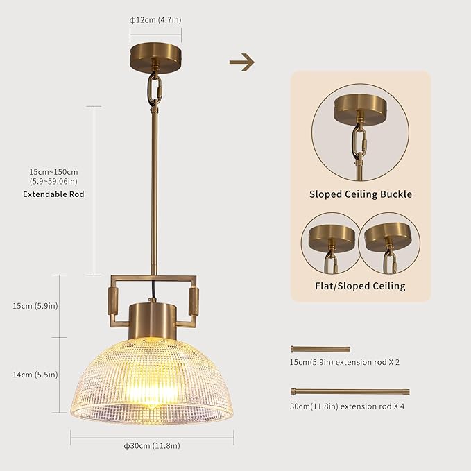 Pendant Lights Kitchen Island, 11.8" Gold Glass Pendant Lights Modern Vintage Fluted Large Dome Shade Brass Island Lights for Kitchen Dining Room Hallway Bedroom Restaurant.