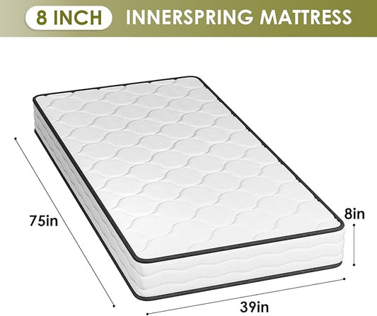 PayLessHere | 8 Inch Twin Mattress | Medium Firm Hybrid Mattress | White | with High-Density Foam and Breathable Cover | Pocket Spring Design, Pressure Relief | Bed in a Box, CertiPUR-US Certified