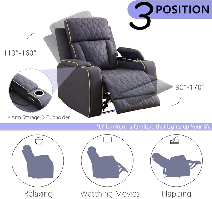 Power Leather Recliner Sofa Chair, Living Room Furniture Sets, Sanded Leather Reclining Couch Chair, Single Recliner with Arm Storage/Cup Holder/Charging Port for Home Theater/Office,Blue Grey