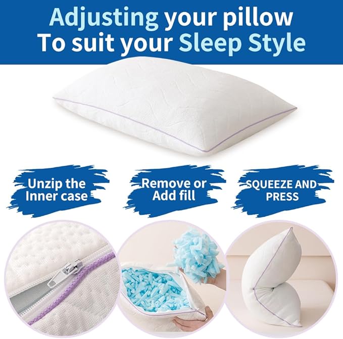 SLEEPDIARY King Size Pillows Set of 2 - Cooling Shredded Memory Foam Pillows, Medium Firm Adjustable Bed Support for Side Sleepers, with Washable Cover