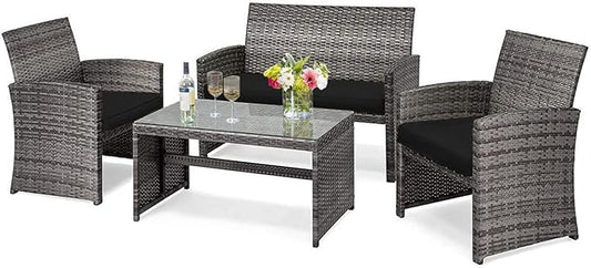 DORTALA 4 Piece Patio Furniture Set, Outdoor Wicker Conversation Set with Soft Cushions & Tempered Glass Coffee Table, Rattan Patio Sofa Bistro Sets for Courtyard Balcony, Black