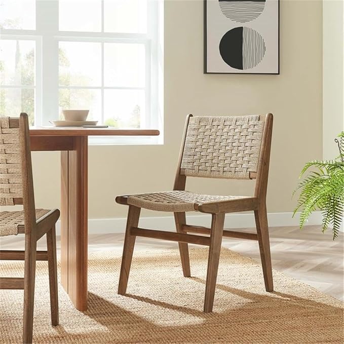 Modway Saoirse Woven Rope Wood Dining Side Chair in Walnut Natural