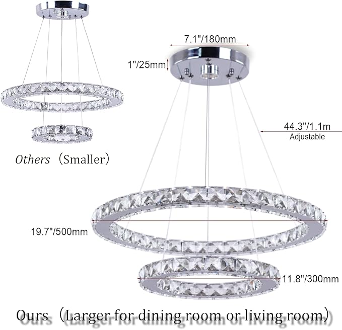 TongLan LED Modern Crystal Chandelier 19.7 x 11.8 inches Ceiling Pendant Light 2 Rings Adjustable Stainless Steel Lighting Fixtures Dining Room Living Room (White)