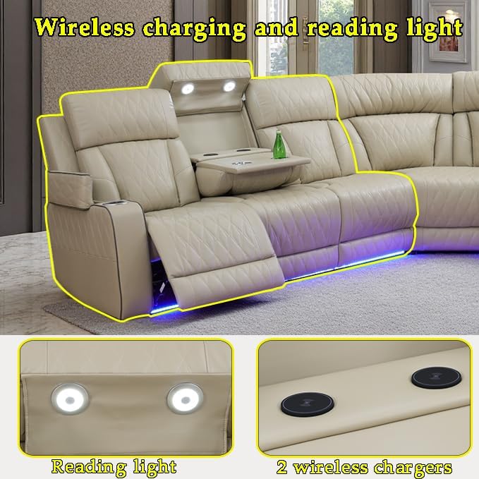 A Ainehome Reclining Sectional Sofa Set with USB Chargers, Leather Living Room Set, L Shaped Recliner Couch with 4 Recliner Seats/Storage Console for Living Room/Office/Home Theather(C-Beige)