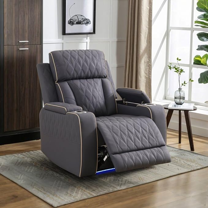 Matte Leather Power Recliner Sofa Set with LED, Living Room Furniture Set,Sanded Leather Sofa Set with USB Port/Storage Console/Cup Holder for Living Room Home Office (Blueish Grey)