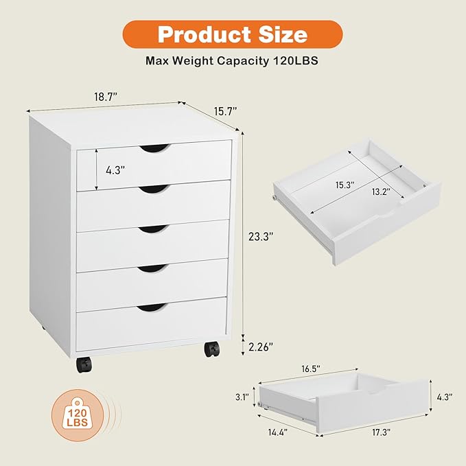 Elevon 5 Drawer Chest, Storage Cabinets Wooden Mobile Cabinet with Wheels Room Organizer, Small Drawers Wood Organization Furniture for Office, Home, White