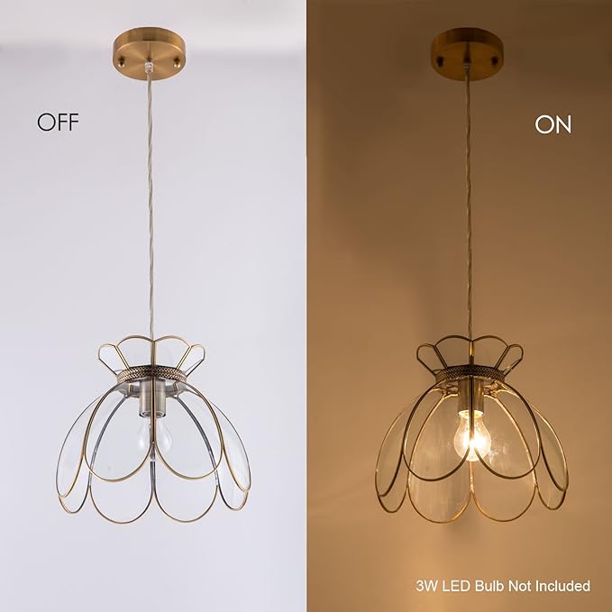 Brass Glass Ceiling Pendant Light, Hanging Chain lamp, with Vintage Lotus Flower Glass Shade for Kitchen Island Dining Room Bedroom Living Room-12 Clear Large Shade