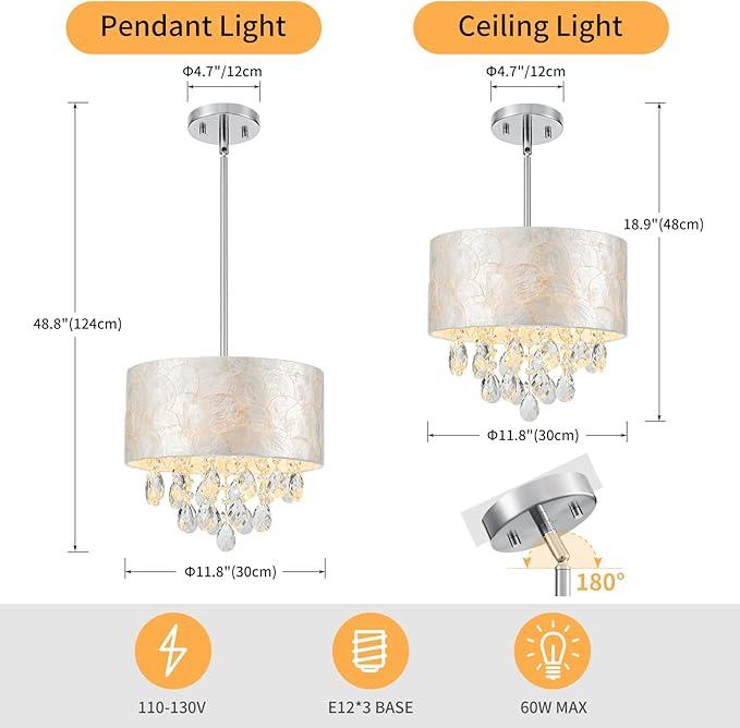 Small 3-Light Drum Capiz Shell Crystal Chandeliers, Coastal Style Pendant Light Fixture for Dining Room, Living Room, D12 x H19~49"(Adjustable), Shell Lampshade & Chrome Finish