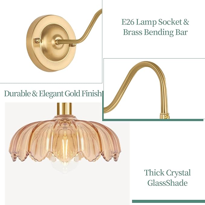 Vintage Plug in Wall Sconces Set of Two, Dimmable Wall Sconces Lamps with Flower Glass Lampshade & 3.6FT Plug in Cord, Gold Sconces Wall Decor Set of 2 Plug in Wall Lights Sconces for Bedroom