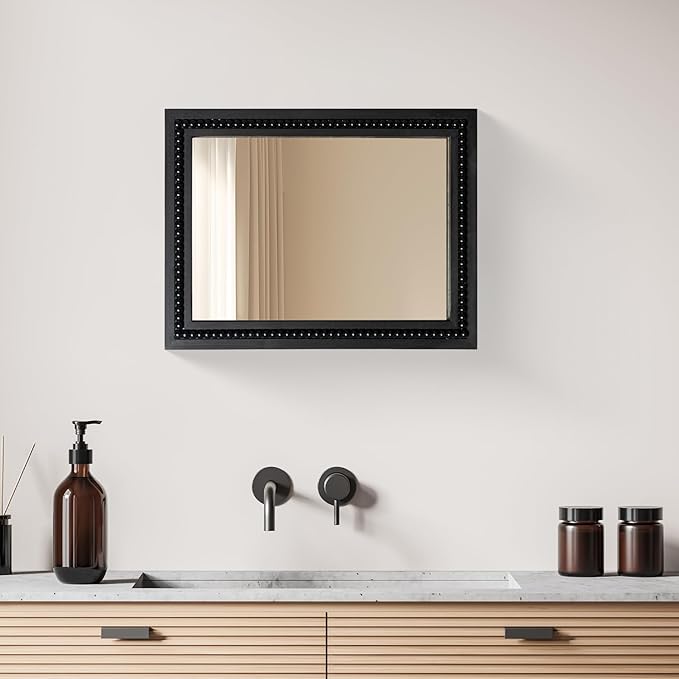Black Wood Beaded Frame Wall Mount Mirror, 12 x 16 Inches Modern Farmhouse Real Glass Horizontal/Vertical Hanging Mirror for Bathroom, Living Room, Entryway