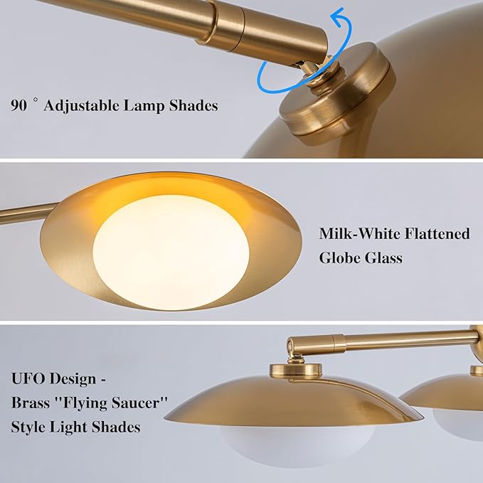 3-Light Flying Saucer Semi-Flush Mount Ceiling Light, Mid-Century Milk White Glass Globes Chandelier for Dining Room Living Room, 20.5" Wide, Brushed Brass Gold