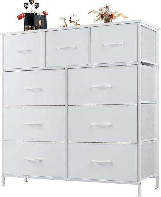 Sweetcrispy 9 Drawer Fabric Dresser Tall Chest Storage Organizer Tower with Cabinet Metal Frame and Wood Top Lightweight Closet Furniture for Bedroom,Cream White