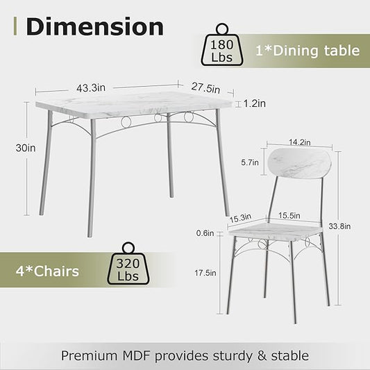VECELO Dining Table Set for 4, 5-Piece Kitchen Table with 4 Chairs, MDF Board Tabletop with Metal Frame for Small Space, Compact Dinette, Breakfast Nook, Marble White