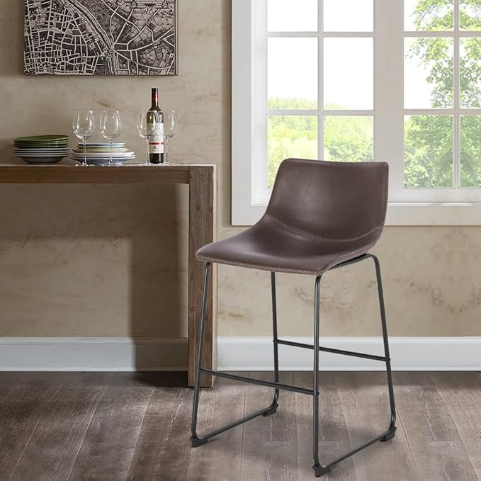 POLY & BARK Brinley Counter Stool Set of 3 – Modern Armless Counter-Height Stools with Gently Curved Backrest and Wood Legs – Brown – Faux Leather Seating for Kitchen Island or Breakfast Bar