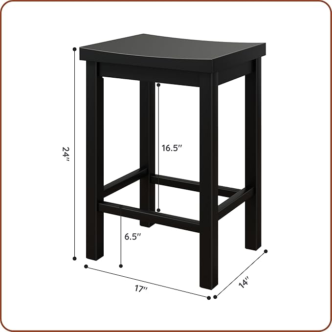 Grain & Grove Smith Collection Set of 4 Solid Wood Counter Height Bar Stools, 24-Inch Saddle Seat Backless Stools, Ideal for Kitchen Island, Dining, or Home Bar Seating, Black