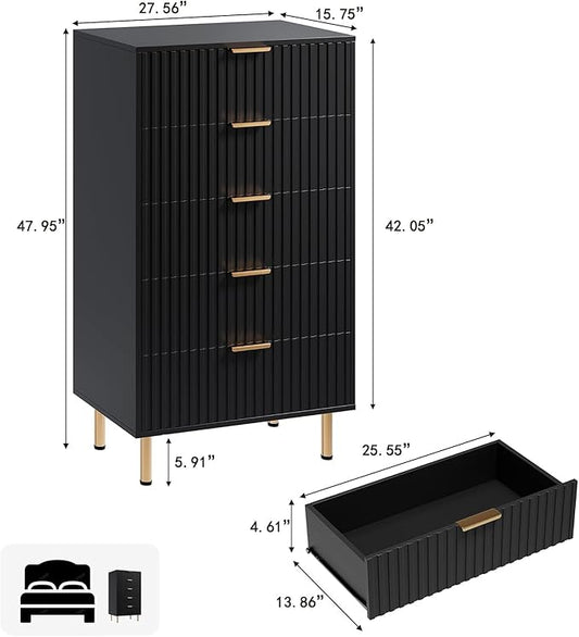 GarveeHome 5 Drawer Dresser for Bedroom, 48 in Tall Modern Chest of Drawers with Deep Drawers and Wide Top, Fluted Wooden Dresser Organizer for Living Room, Hallway, Kids Room, Black