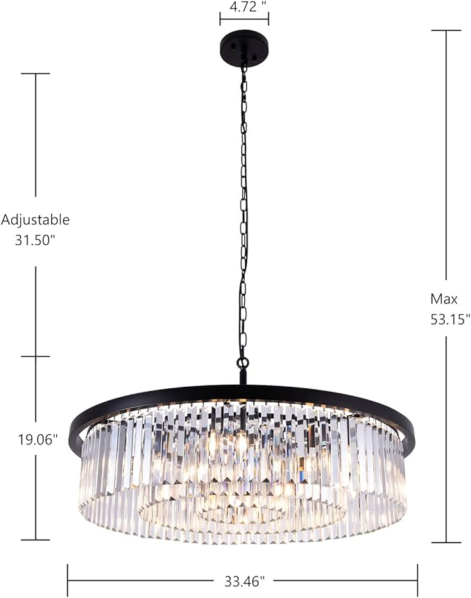 Wellmet Crystal Chandeliers for Dining Room,9 Lights Modern Black Crystal Pendant Light,Farmhouse Chandelier for Bedroom,Ceiling Lighting Fixture for Kitchen Island,Living Room,Hallway,W-33.46”
