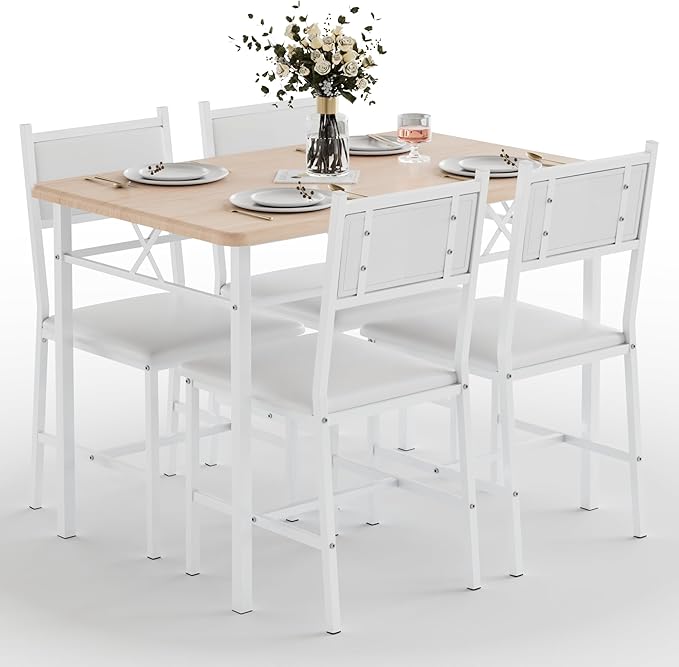 VECELO Dining Table Set for 4 with Chairs, 5-Piece Kitchen Table and Upholstered Padded Chairs Set for Small Space, Dining Room, Apartment, Natural Oak