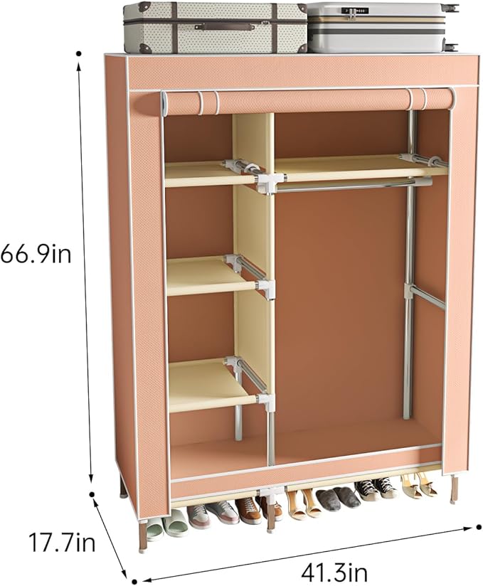 Portable Wardrobe, Simple Wardrobe, with 5 Shelves, Hanging Rod and Non-Woven Fabric Cover, Suitable for Small Spaces.(Pink, 41.3 in)