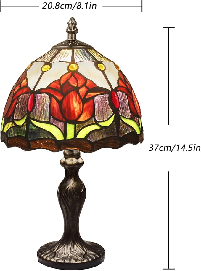 MIAOKE Stained Glass Table Lamp,Stained Glass Crystal Bead Style Table Light, Handmade Desk Bedside Night Light, Antique Art Craft Gifts Lover Living Room Bedroom Bookcase (Red Tulips)