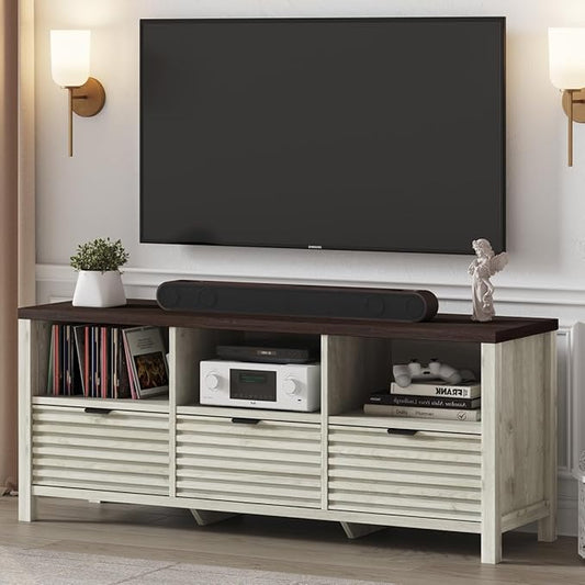 BON AUGURE TV Stand, Mid Century Modern for 55/60/65 inch TV, Farmhouse TV Stand, Low Entertainment Center with Storage, TV and Media Console for Living Room, Walnut Washed Grey
