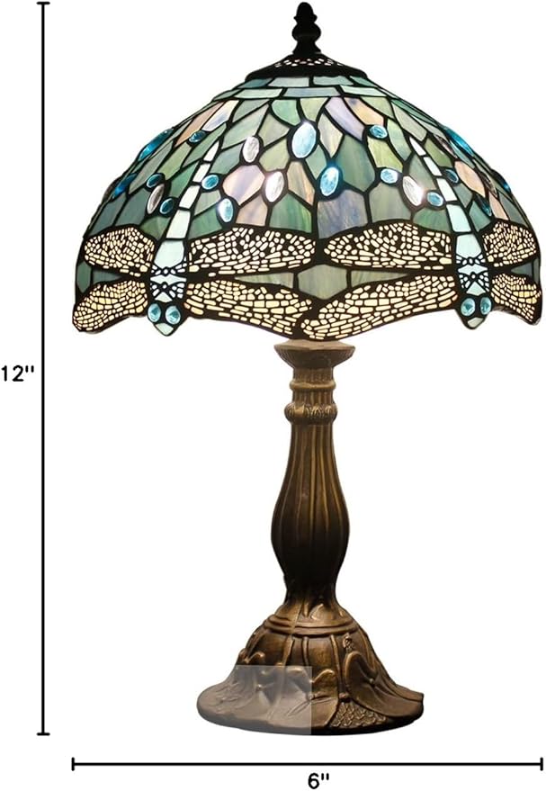 WERFACTORY Tiffany Lamp Shade Replacement 12X6 Inch Sea Blue Stained Glass Dragonfly Style Lampshade Only with Cap fit for Table lamp Pendant Light Ceiling Fixture (Part Not Included) S147 Series